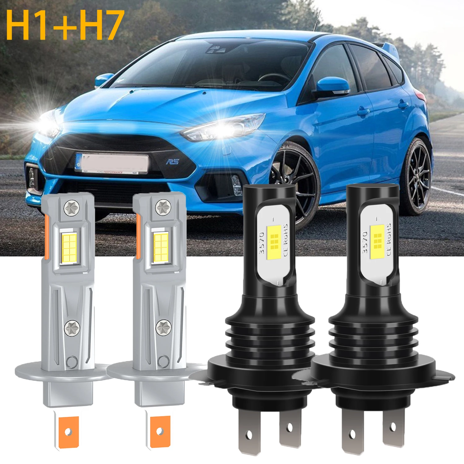 4PCS H1+H7 6000K Combo LED Headlight High Low Beam Bulbs Kit Super Bright Cool White  Replacement Light Bulbs