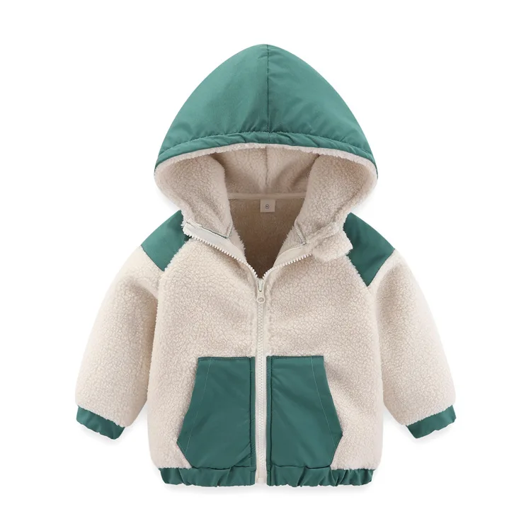 children's coat New autumn and winter thick warm cotton coat Baby hooded jacket Fashionable colorblock baby brushed jacket