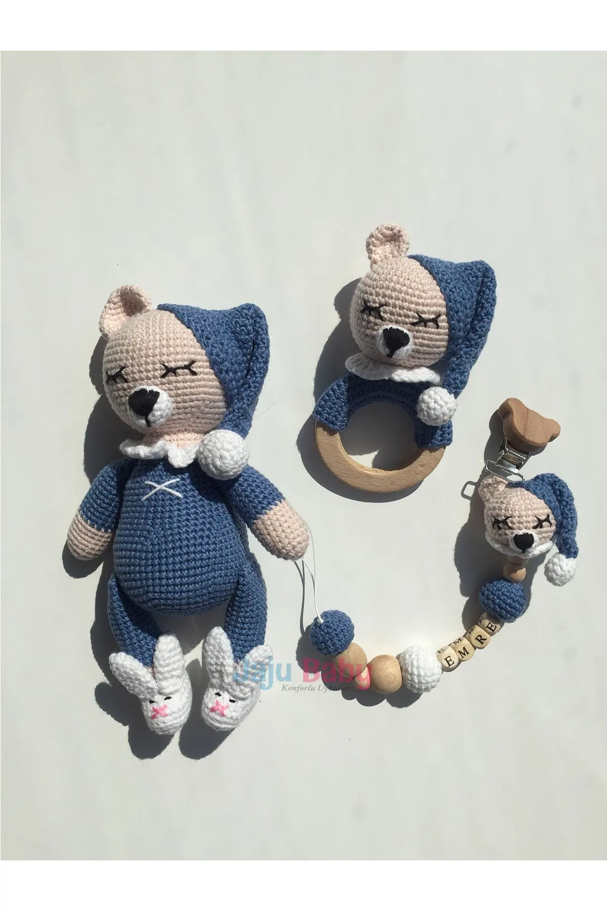 Handmade Amigurumi Sleepy Bear 22 cm Rattle and Named Pacifier Chain Set of Three