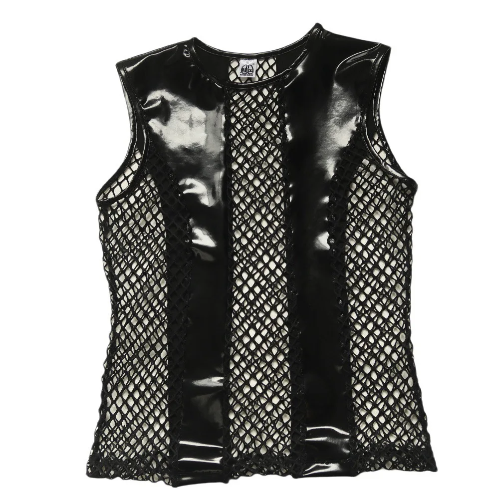 Men Sexy Slim Vest Sleeveless Mesh Stylish Faux Leather Black Shiny