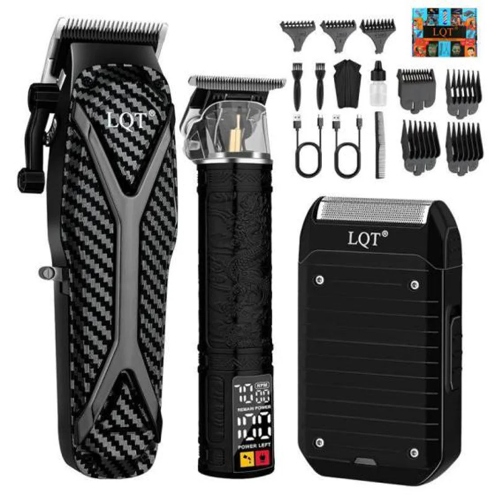 LQT 3 in 1 Carbon Fiber Hair Clipper Set Cordless Trimmer Foil Shaver LED USB Rechargeable Men Barber Grooming Kit with Combs