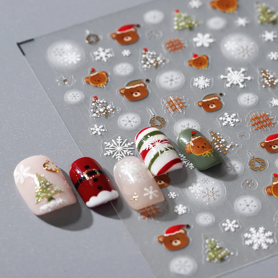 1PCS Kawaii Bear Snowflake Nail Stickers Christmas Adhesive Slider Nails Art Decoration 5D Embossed Nail Stickers New Year 2025