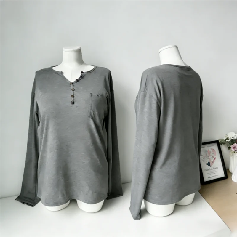 

Женская футболка больших размеров с длинными рукавами, свободный крой, однотонный топ с карманом и пуговицами, повседневная блузка на весну и осень