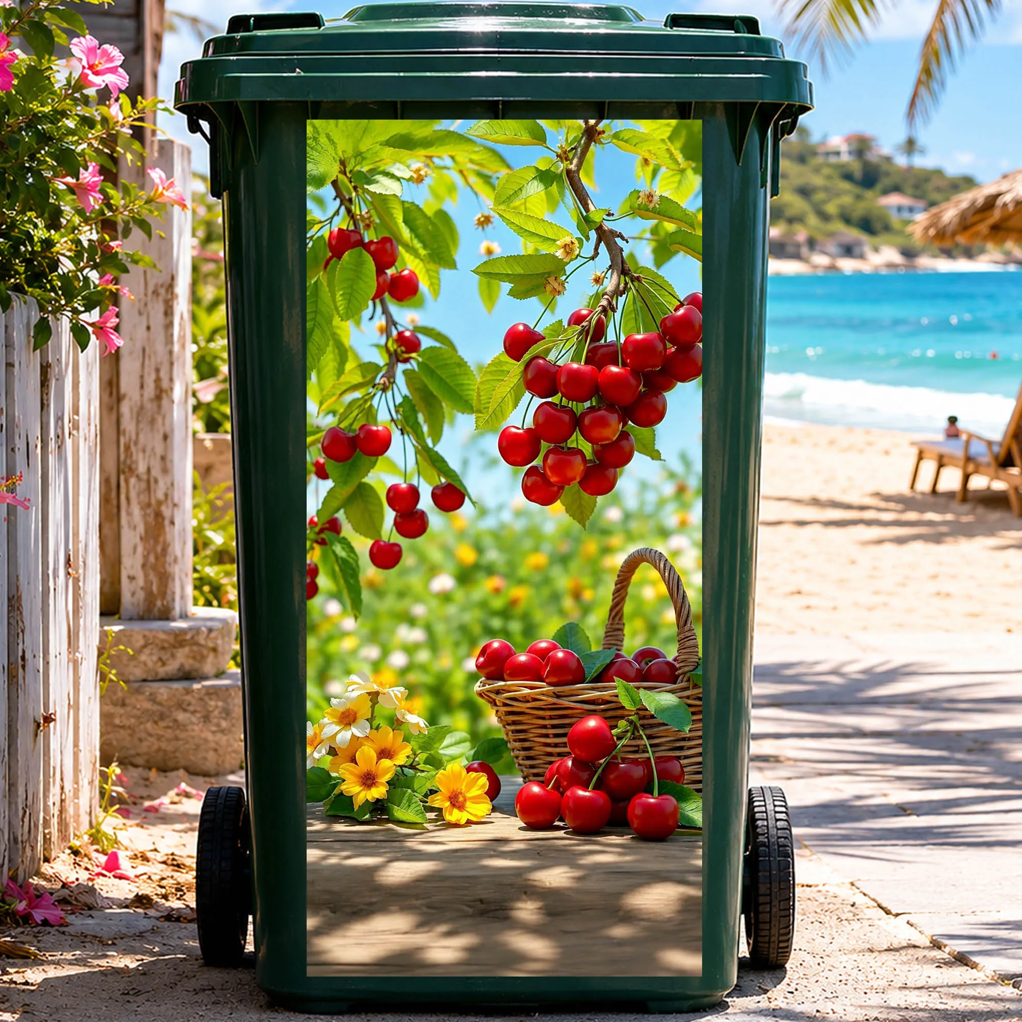 3D Wheelie Bin Stickers Outdoor Trash Can Decoration Summer Fruit Strawberry Apple Cherry Decals Garden Waste Bin Covers Panel view 3