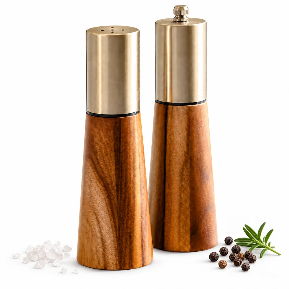 2-teiliges Langlebiges Holz-Pfeffermühlen- & Salzstreuer-Set mit Handfüll-Salzstreuer, Pfeffermühle mit Keramik-Mahlwerk