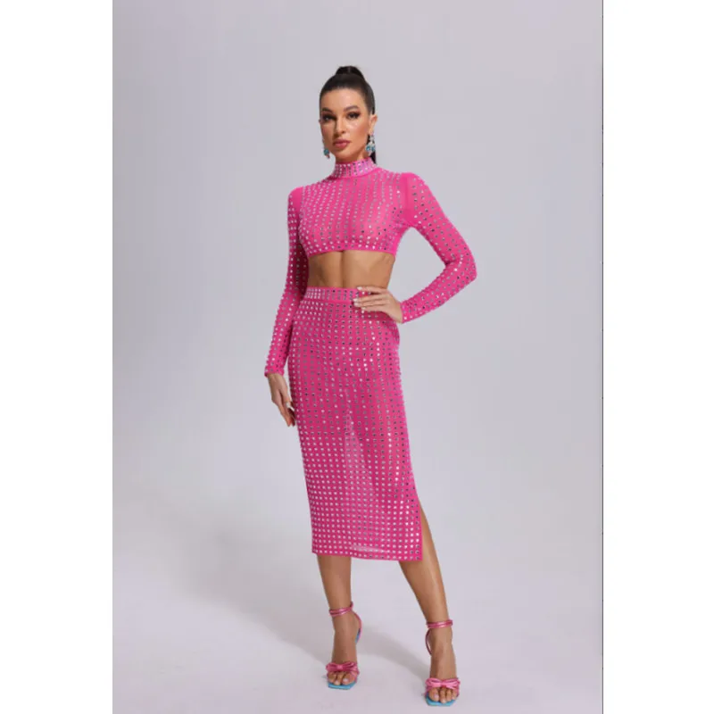 

High quality summer women's fashion sexy rivet elastic tight fitting skirt two-piece set elegant two-piece fashion set vintage