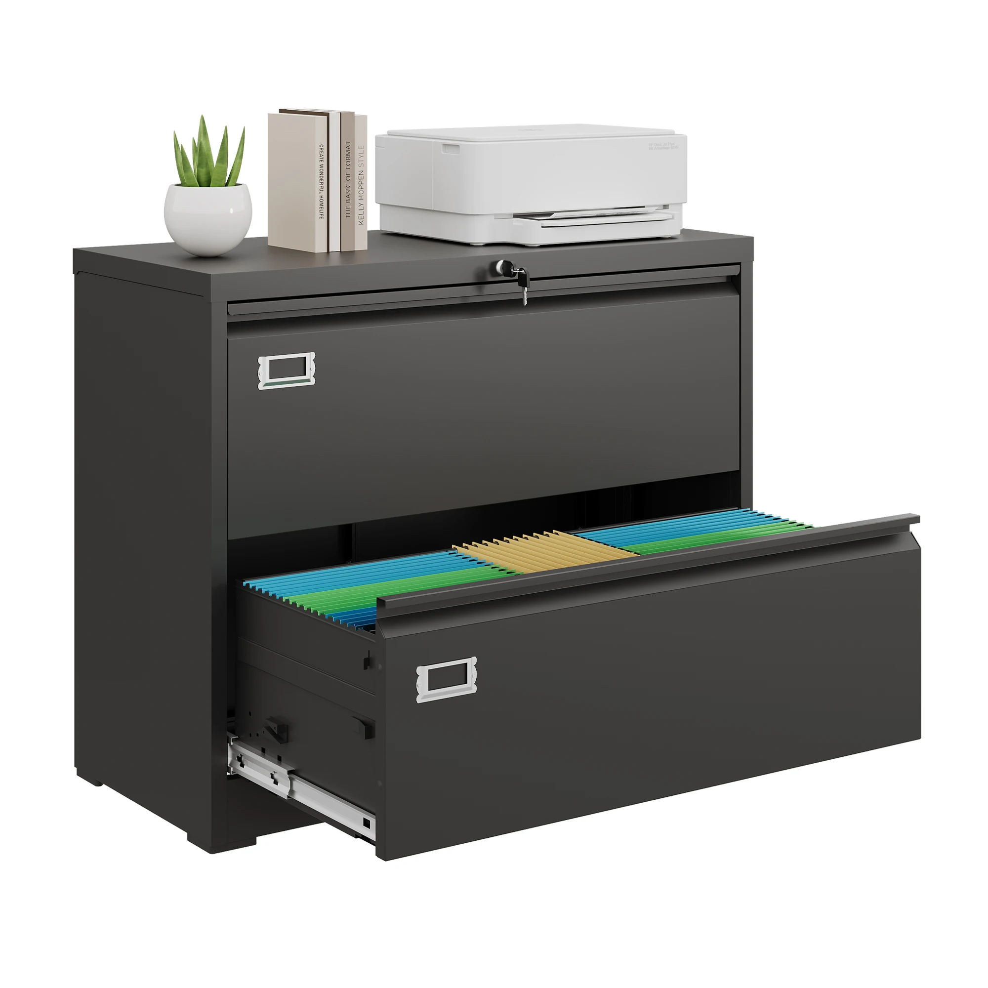 2 Drawer File Cabinet with Lock for Letter/Legal/F4/A4 Files Metal Lateral Filing Cabinet, Wide Storage Cabinet for Home Office School, Black