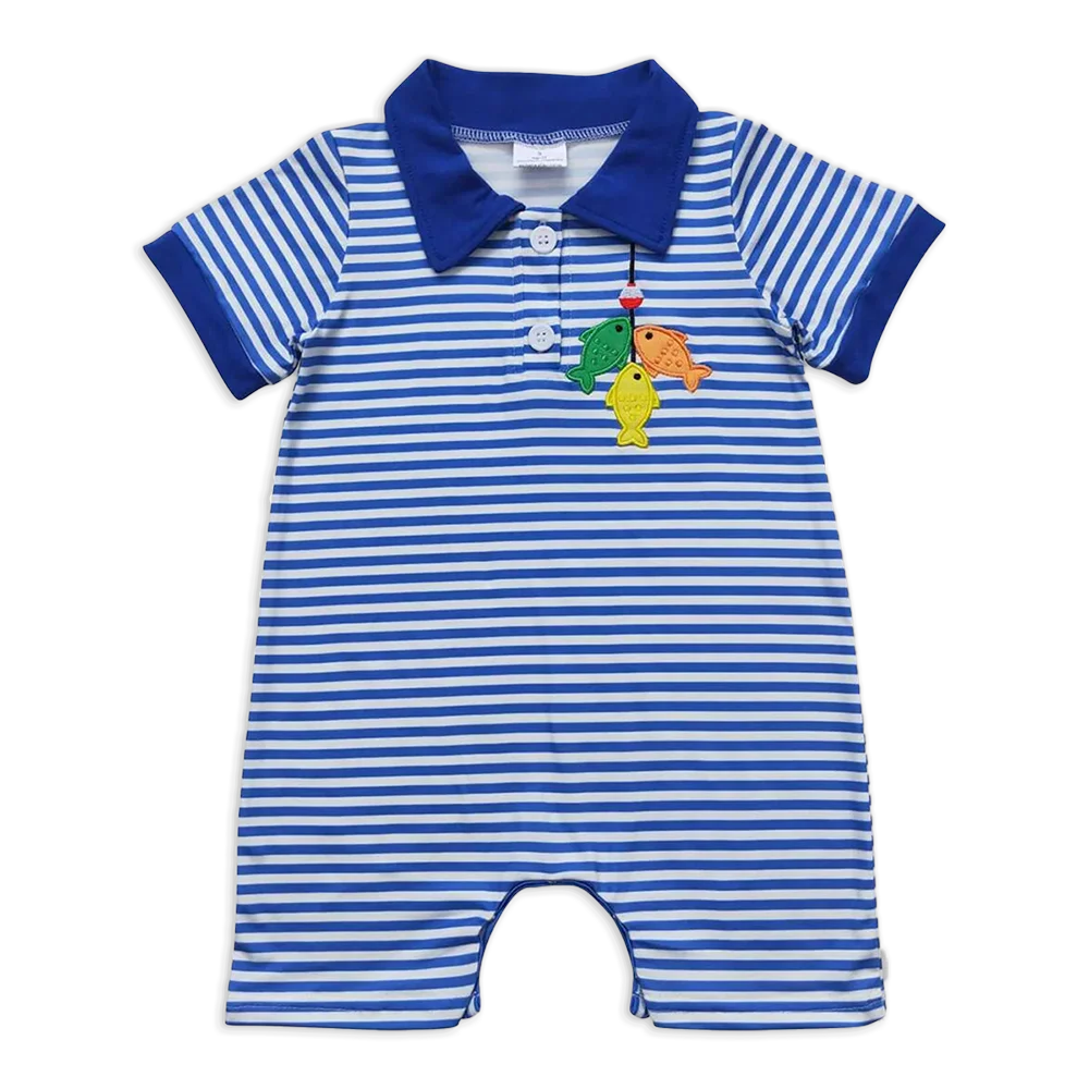 

SR1045 Baby Boys Summer Rompers Short sleeves stripe fishing baby boy polo romper