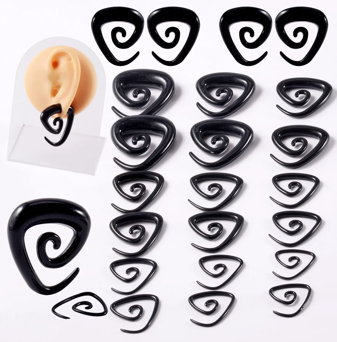 PARA Akrylowe czarne ucho Spiral Expander Zatyczki do uszu Trójkątna spirala Przekłuwanie uszu Nosze Biżuteria do ciała 1,6 mm-10 mm — zdjęcie 2