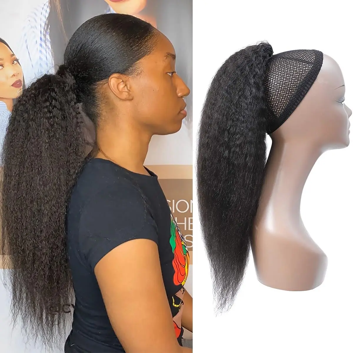 

Kinky Straight Ponytail Human Hair Extension 100g Wrap Around Clip In Ponytail Natural Black #1B Remy Indian 14-26inch For Women