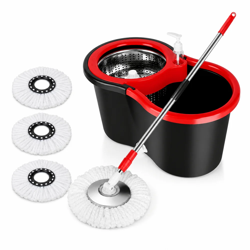 Spin Mop and Bucket with Soap Dispenser, Double Bucket Self Wringing Mop, Microfiber Pads, Telescopic Handle, 3 Extra Heads
