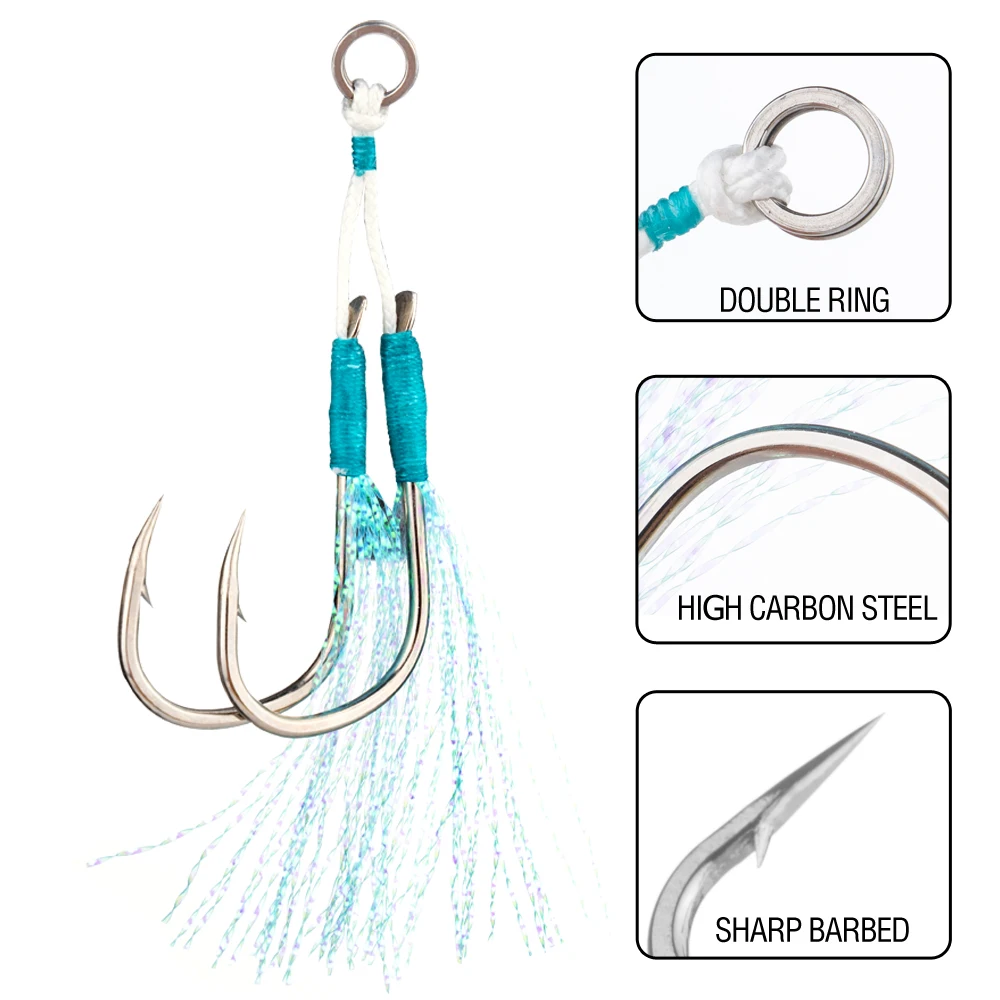 20 Stück scharfe Angelhaken aus Kohlenstoffstahl, Assist-Haken, Doppelhaken, Angelzubehör mit langlebigem Ring für Jig – Detail 5