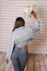 Denim Fringe Crop Jacket Bride Jean Mrs Personalized Wedding Bridal Engagement Gift Custom Bridal Party Jackets With Tassels