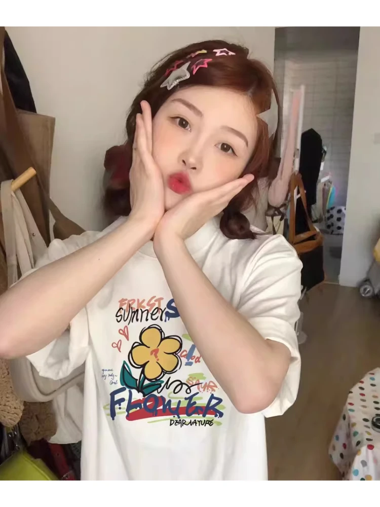 

Лето-Осенняя Y2k Ins, модная сексуальная футболка с цветочным принтом, милая хлопковая футболка с героями мультфильмов, свободный крой, корейский эстетичный удобный модный топ