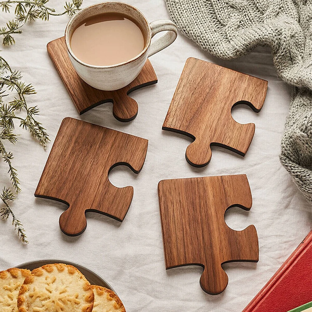 

4PC Wooden Natural Puzzle Jigsaw Pattern Drink Tea Coffee Mug Glass Coaster Tableware Decoration Durable