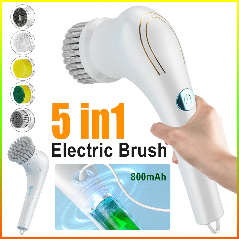 Portable Cordless Electric Cleaning Brush 5 In 1 Multifunctional Waterproof Cleaning Brush Set Dishwasher Bathtub Kitchen Tools
