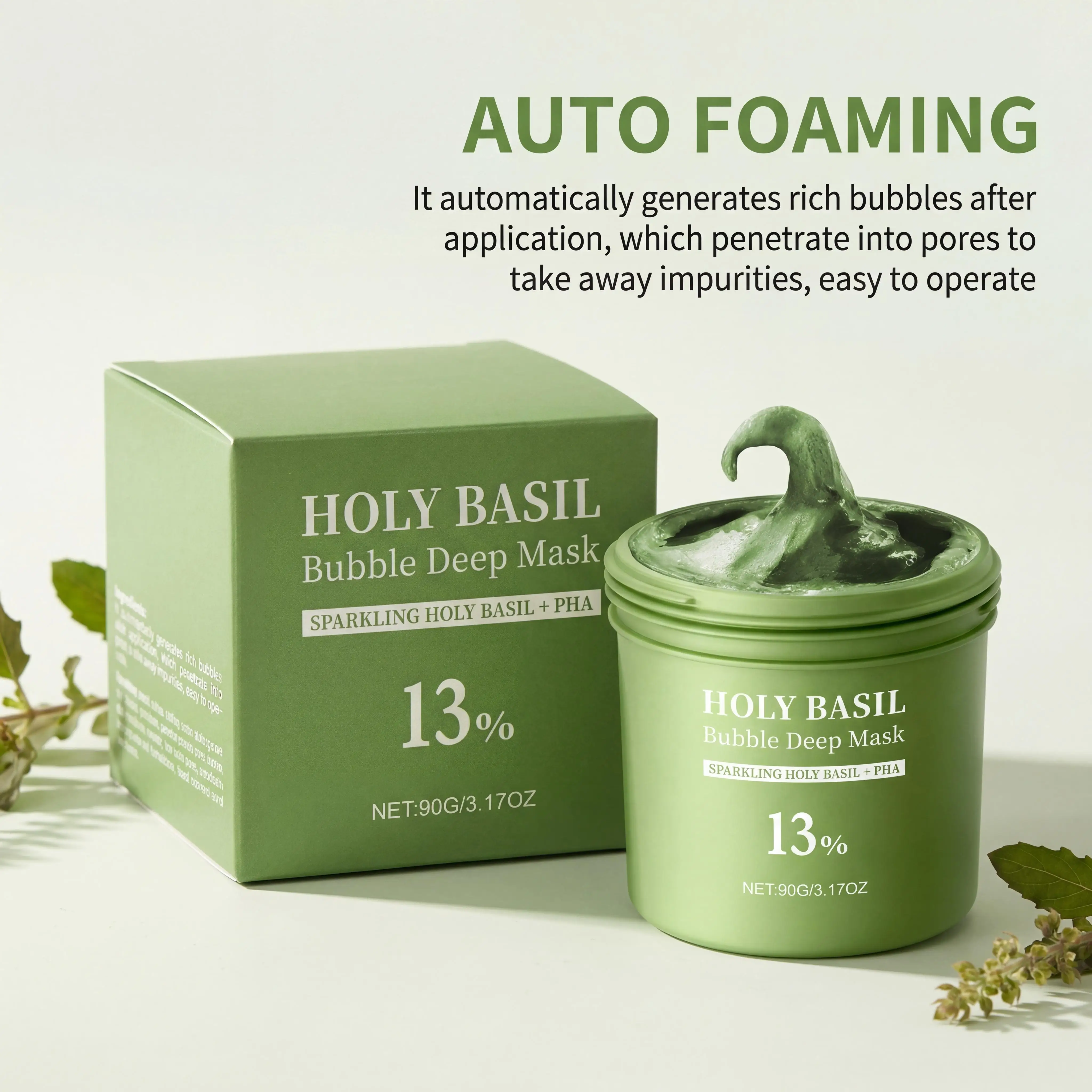 13% PHA Holy Basil Bubble Facial Clay Mask Deep Cleans Blackheads Purifies Pores Exfoliates Dead Skin Brightens Complexion Smooths Texture Mud Mask