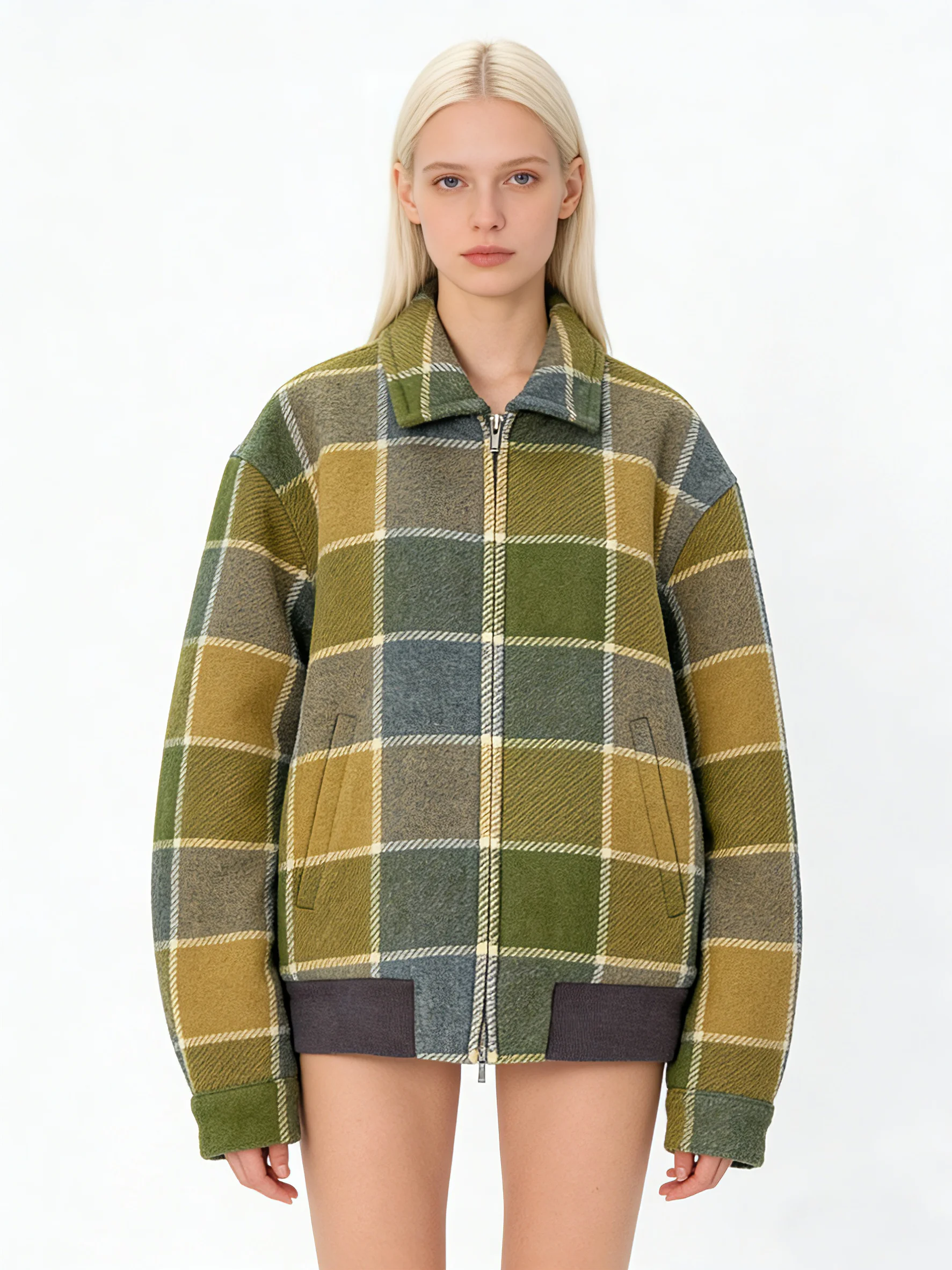

Женская укороченная куртка-бомбер из винтажного шерстяного твида в клетку с отложным воротником на молнии