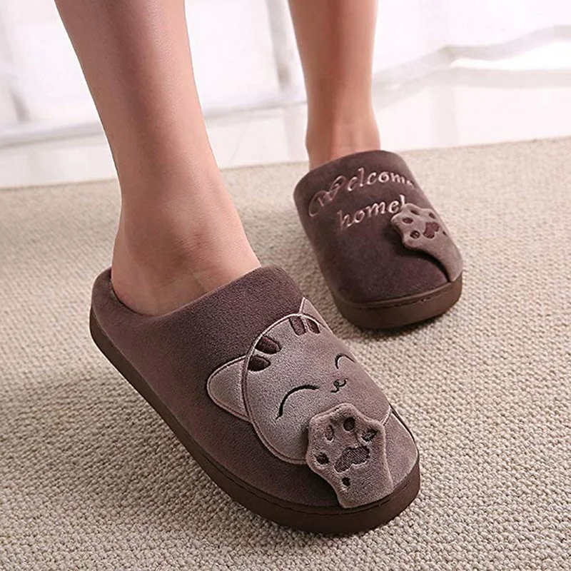 Winter Plush Flat Slippers Warm Cute Cartoon Embroidered Round Toe Flats Indoor Women\'s Bedroom Shoes Zapatillas Casa Mujer