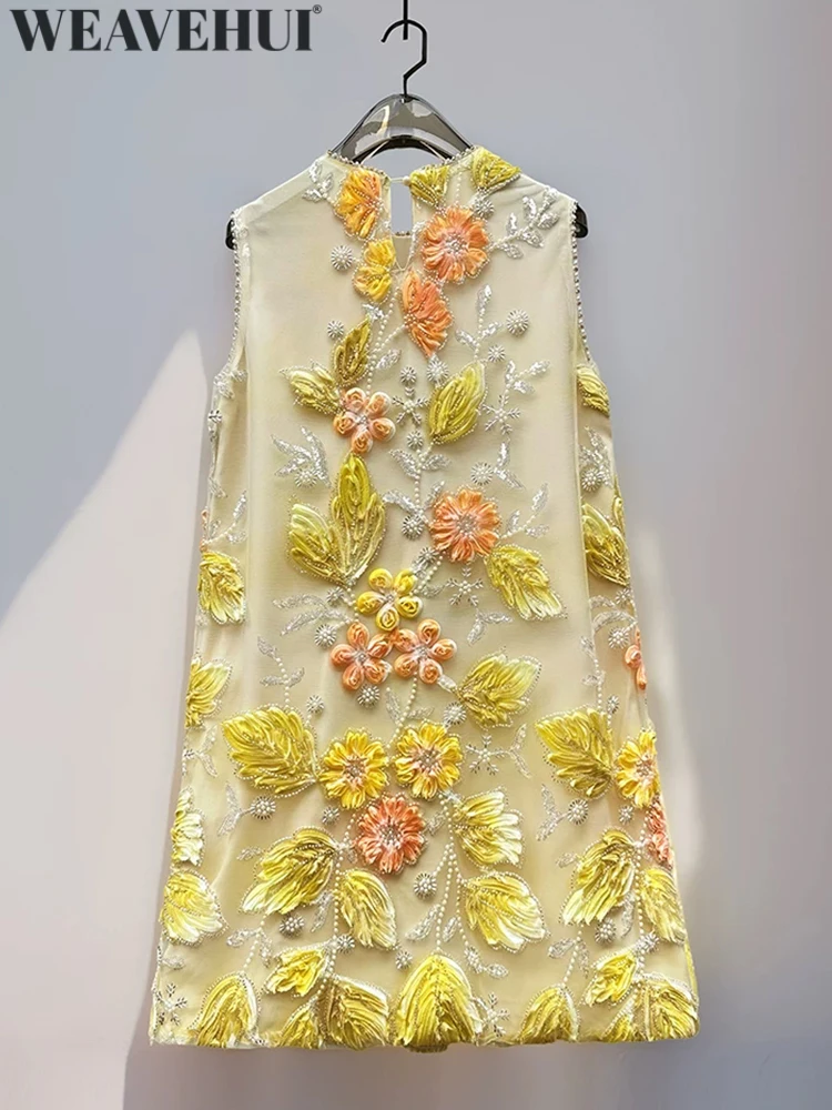 WEAVEHUI Women Sweet O-Neck Sleeveless Beading Sequins Three-dimensional Petal Summer New model Mini Vest Dresses