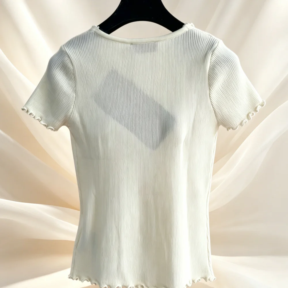 

2026 Summer Women's Elegant Lace Trim Knit Cardigan Short Sleeve V Neck Button Down Slim Fit Crop Top Casual Daily Wear 013