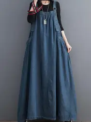 Woman Spring Autumn Denim Spaghetti Strap Sleeveless Temperament Dress Female Oversized  Ankle-length Straight Pullover Dress