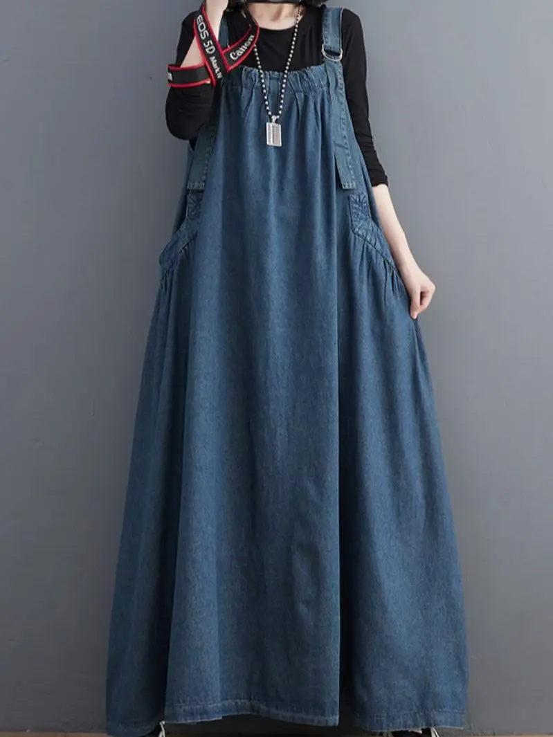 Kobieta wiosna jesień Denim Spaghetti pasek bez rękawów sukienka z charakterem kobiet ponadgabarytowych kostek prosto sweter sukienka