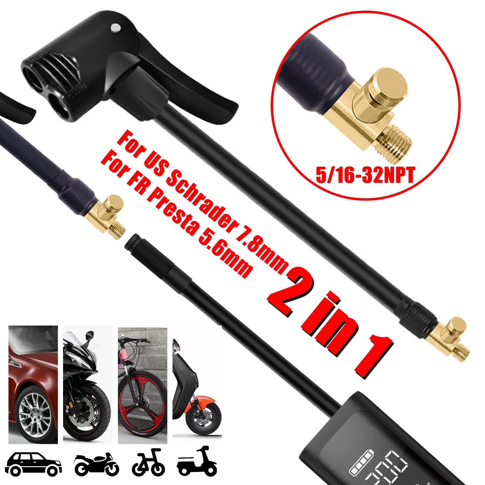 

Car Inflator Pump Deflatable Air Hose with 2 in 1 Chuck Nozzle for US 7.8mm 5/16-32NPT Schrader FR Presta Fine Thread Tire Valve