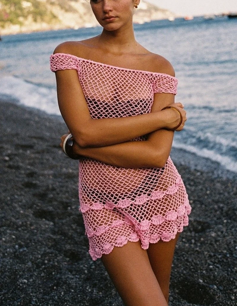 Women‘s Sexy Off Shoulder Sleeveless Beach Knitted Dress Hollow Out Crochet Swimsuit Bikini Cover-Up Female Boho Sheer Swimwear