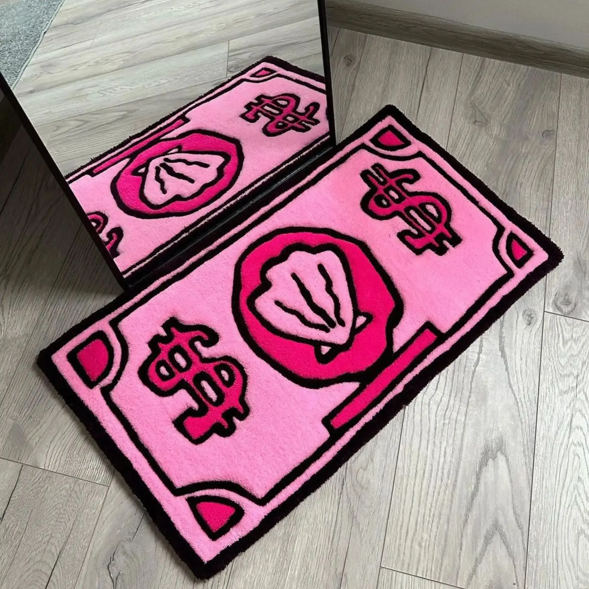 Dollar Pink Rug Bedroom Aesthetic Rug Unique Living Room Decor Non-Slip Soft Flannel Cartoon Rugs Carpet