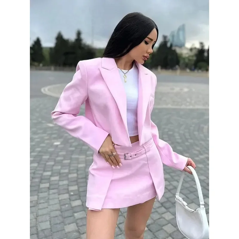 Vrouwen Blazer Rok Set Lange Mouw Revers Korte Jas Slanke Mini Rokken Shorts Met Riem Elegant Solid Office Lady Pak - afbeelding 2