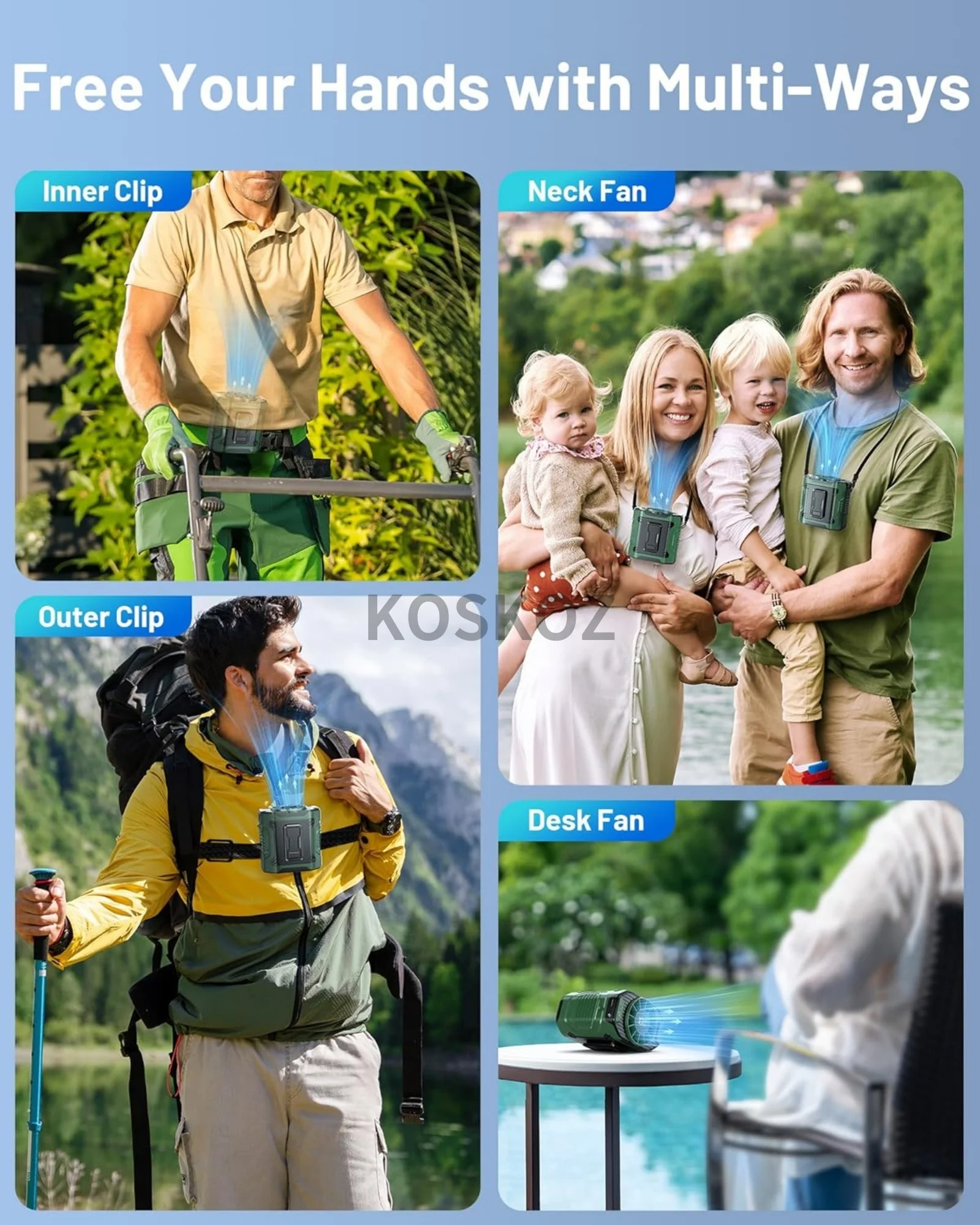 Portable Waist Fan with 10 Speed, Clip on Wearable Personal Fan with Flashlight, Hands-Free Hanging Neck Fans, Outdoor Camping