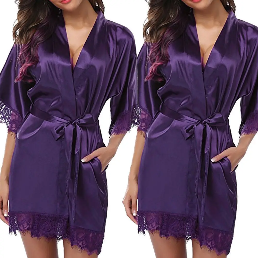 Women Iace Silk Pajamas Robes Sleepwear Nightgowns Half Sleeve Nightdress Black Lace Bathrobe Smooth Soft Comfortable Pure Color