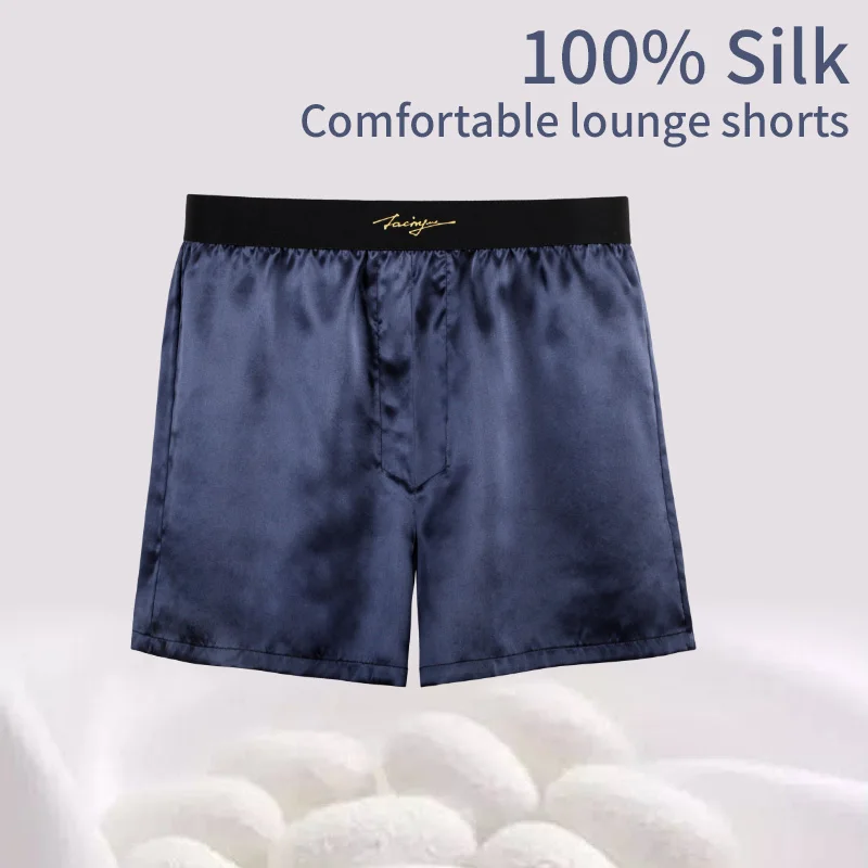 52025 Shorts masculinos de seda luxuosa – Shorts lounge 100% seda amoreira, shorts de pijama de seda natural, sensação luxuosa, conforto diário