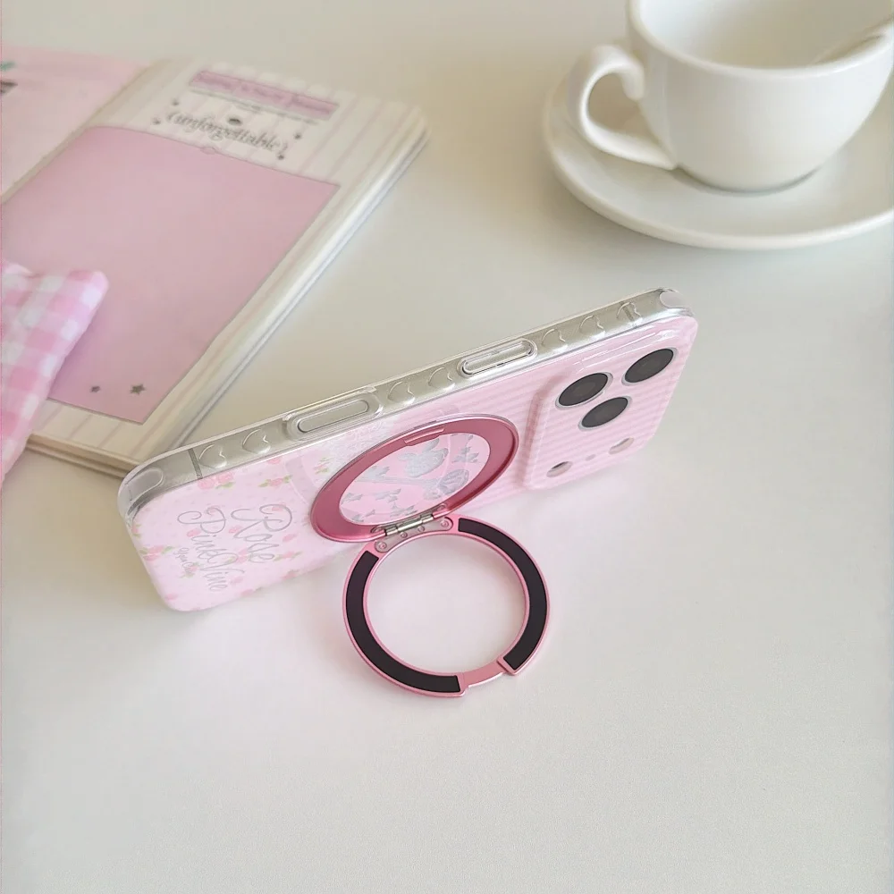 Korea Ins Pink Stripe Rose Phone Case for iPhone 17 Pro 16 Max 15 16 17 Promax 15 Pro Luxury Protective Case with Magnetic Stand