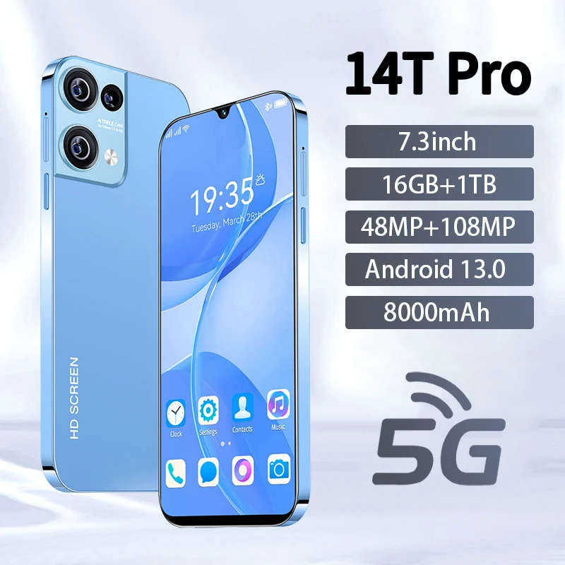 

2025 New Hot 14T Pro 7.3HD Global Edition Original Smart Dual Card 8000mAh Battery Facial Recognition Function