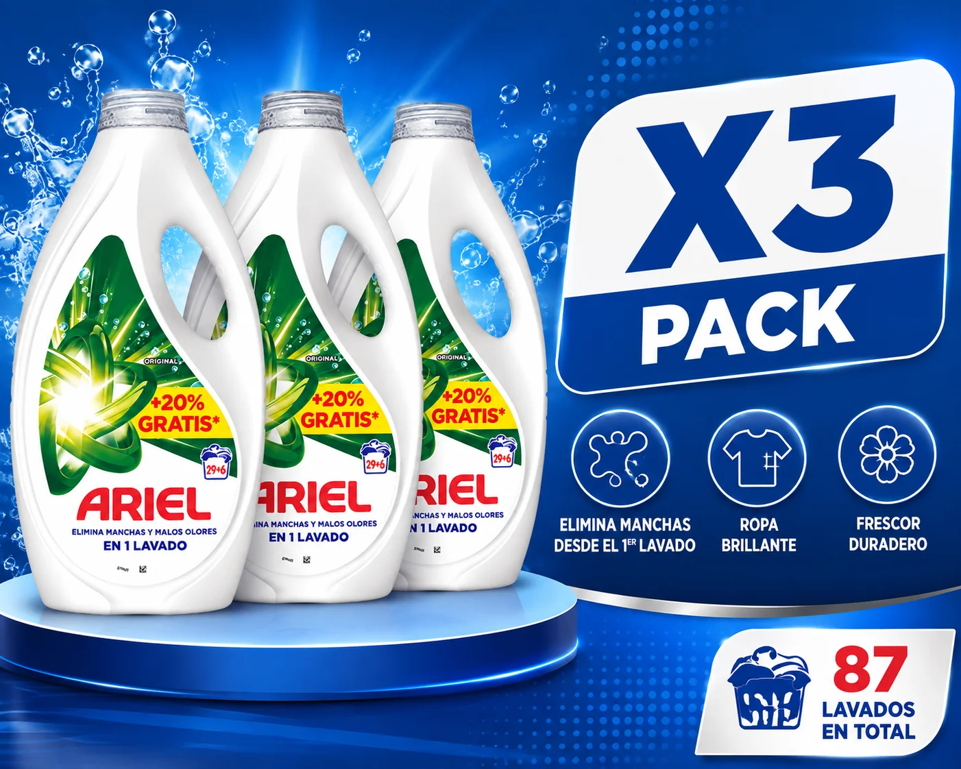 Ariel Detergente Líquido Original 29+6 Lavados, [2x1575 ml / 3x1575 ml], Pack [70 Lavados / 105 Lavados], Elimina Manchas y Malos Olores en 1 Lavado, Limpieza y Frescor Duradero