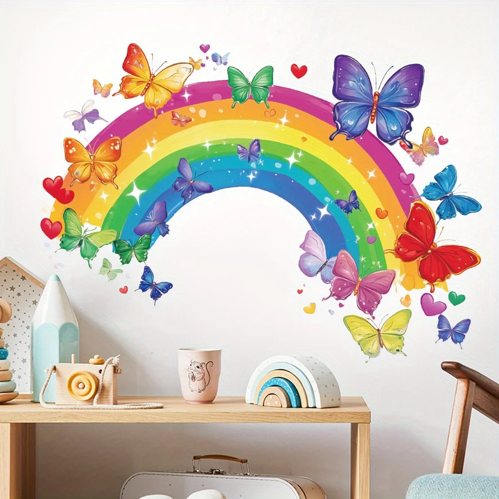 1pc colorful rainbow arch bridge butterfly heart star pattern wall sticker, self-adhesive PVC home decoration sticker, suitable for living room, bedroom, dining room, study, hallway, and wall decoration, easily creating a cozy and fun space, a creative and thoughtful gift for family, friends, and loved ones