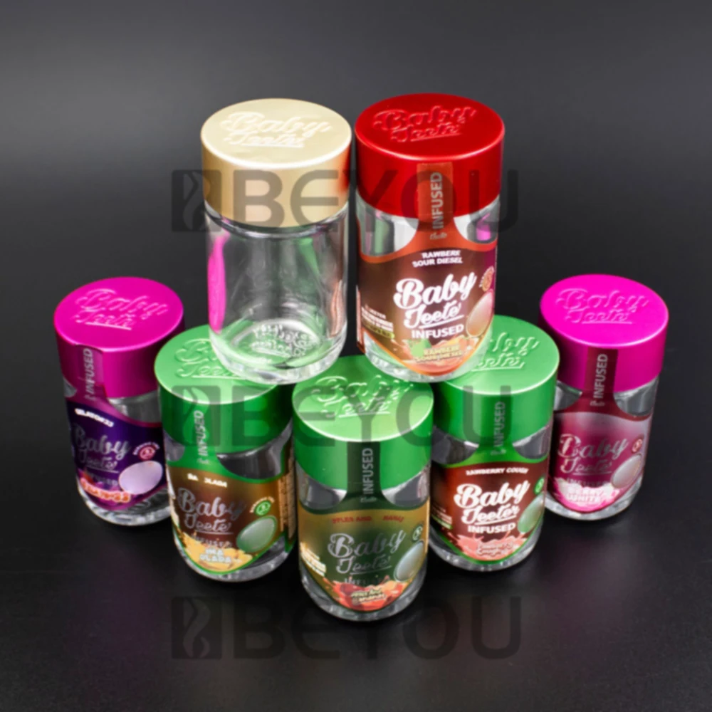 Jet Infused Rolls Glass Jars Resuable Storage Bottel Child Proof Lock Alumnium Plated Lid 5 Packs Jar Big Black Display Box