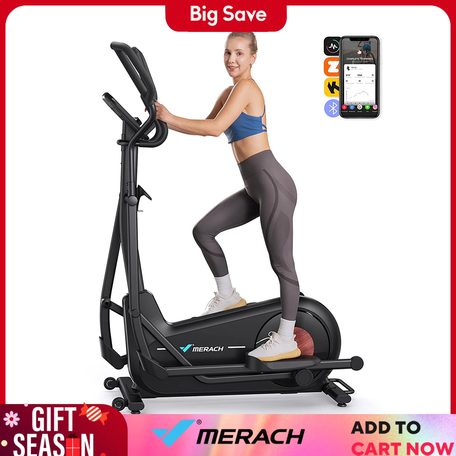 Máquina de ejercicio elíptico MERACH con sistema de accionamiento magnético hiper silencioso Stride de 18,5 pulgadas Entrenador elíptico 8 niveles de resistencia