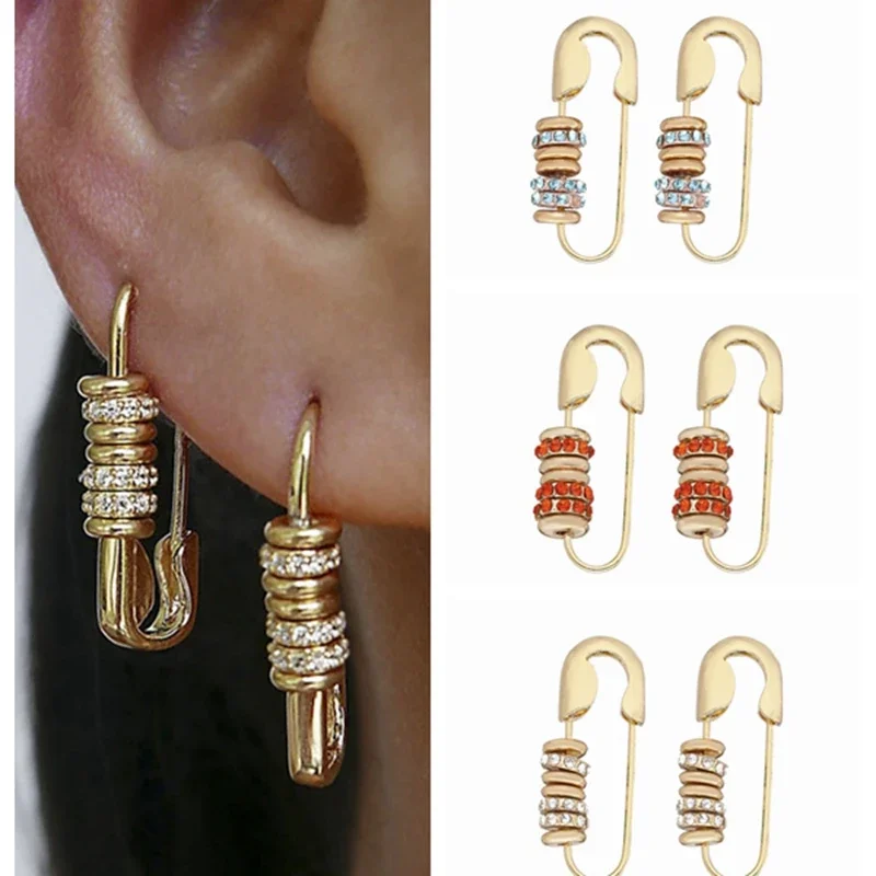 Trendy Bunte Zirkon Sicher Pin Hoop Ohrringe für Frauen Mode Einzigartige Geometrische Erklärung
