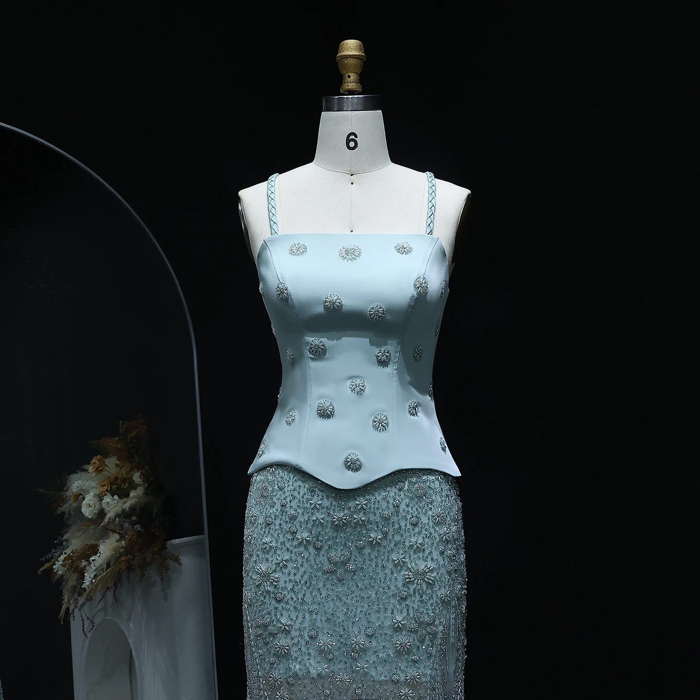 Sharon Said Atemberaubendes mintgrünes zweiteiliges Abendkleid mit Trägern, Salbeigrün-Flieder, Dubai Damen Hochzeitskleid SS697 Maßanfertigung – Detail 14