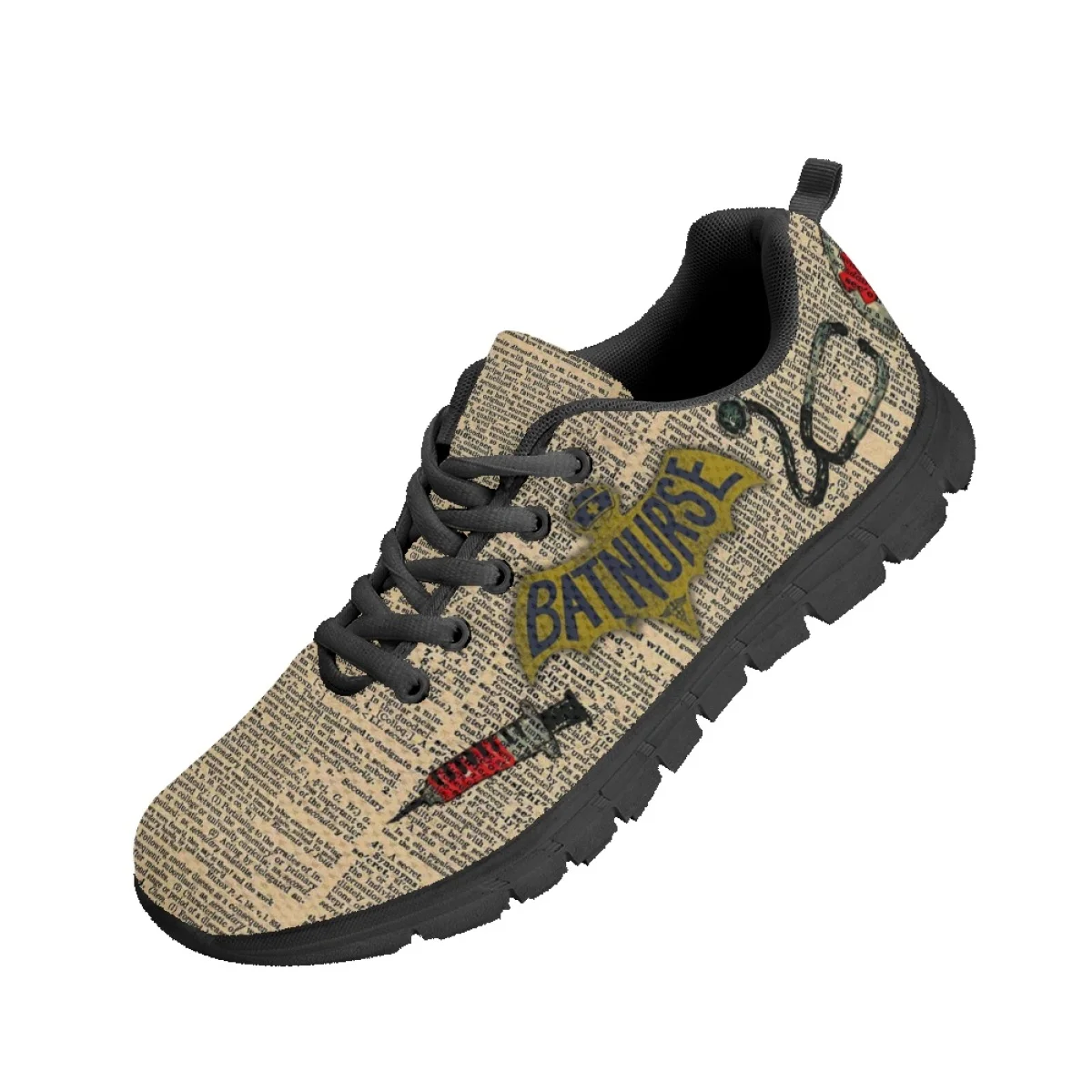 INSTANTARTS Old Newspaper Nurse Design Flat Shoes for Women Wear-Resistant Running Sneakers Ladies Nurse Shoes Casual Zapatos