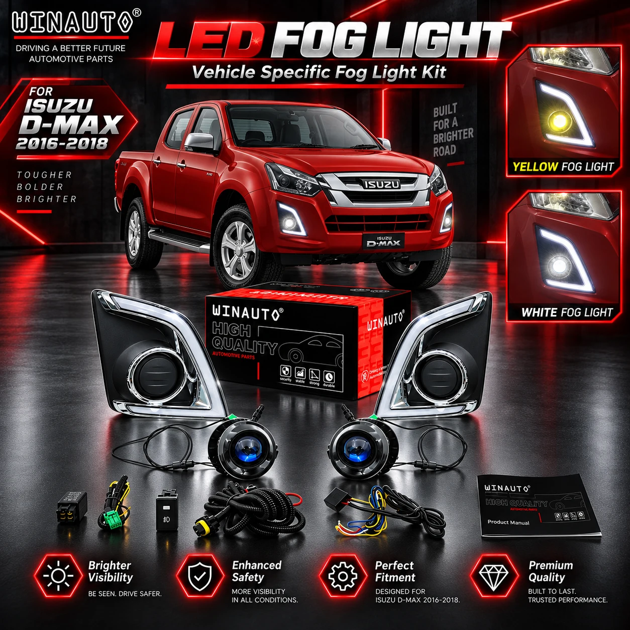 LED DRL Dual-Color LED Projector Fog Light Kit for Isuzu D-MAX 2016-2020 & Chevrolet D-MAX 2022-2026 Off-Road Lighting Upgrade