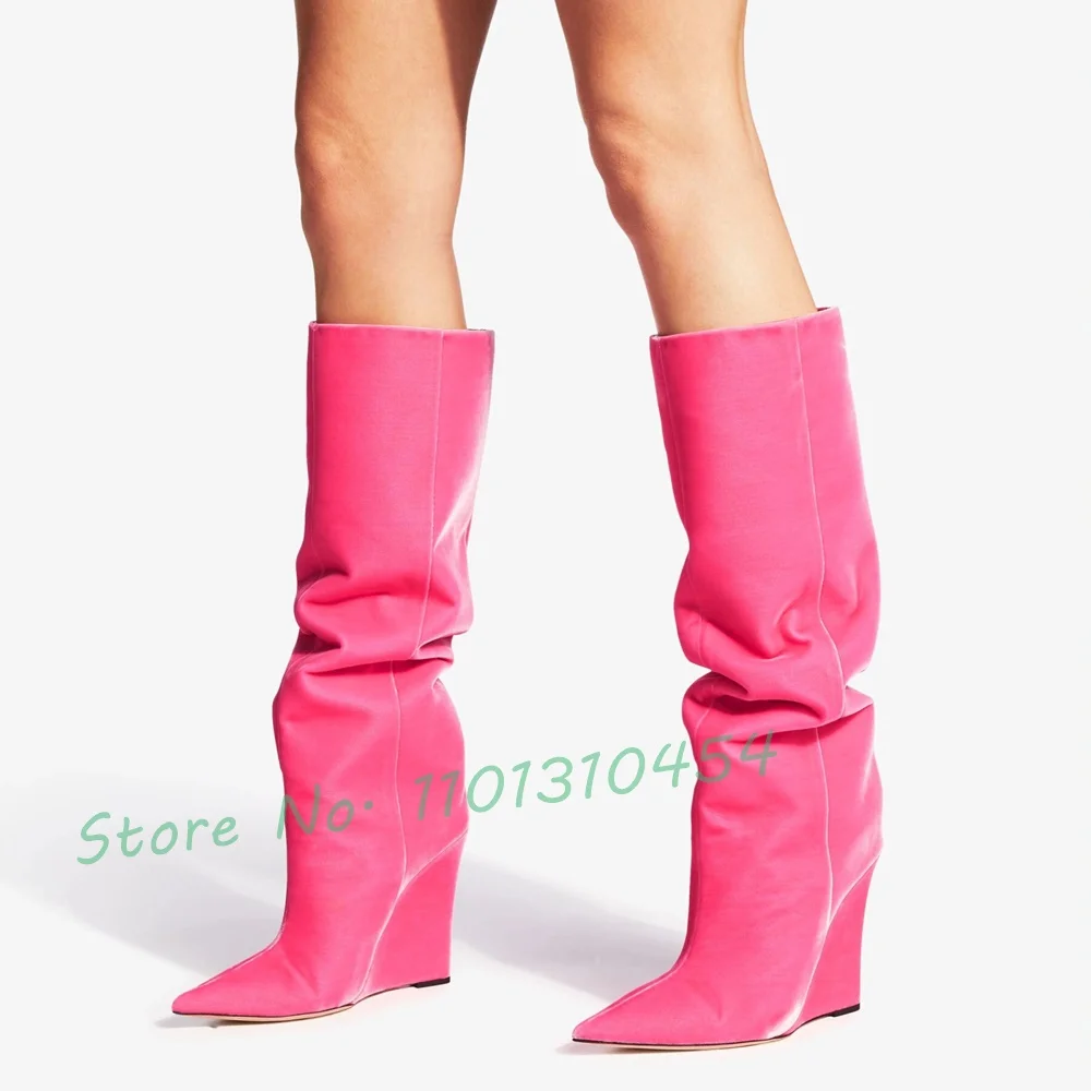 

Pink Wedges Suede Knee High Boots For Women Trends High Heels Pleated Long Boots Elegant Solid Pointy Toe Large Size Women Shoes