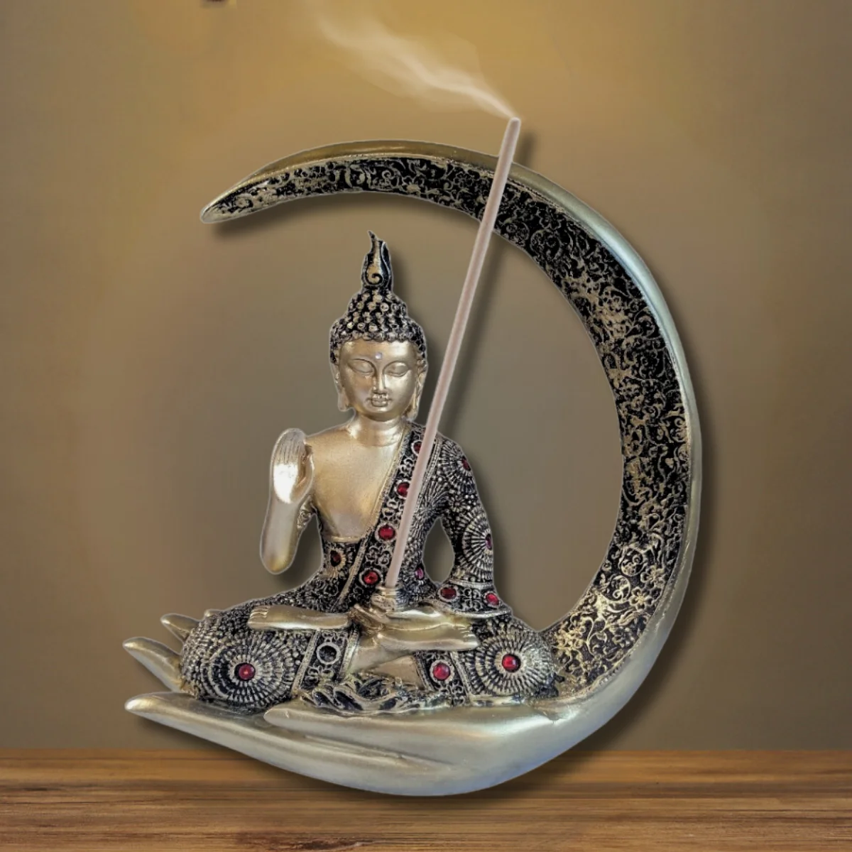 26cm LARGE Tibetan Buddha Statue in Golden Resin and Incense Support + 8 Assorted Warp Incense