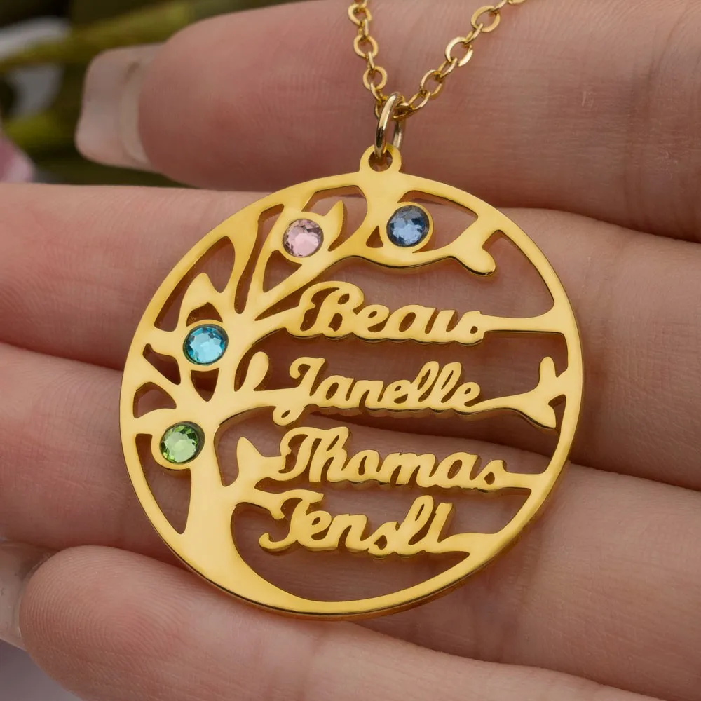 Qitian Statement Family Tree necklace Custom Name Birth Stone choker Gold Stainless steel Jewelry Personalized Christmas Gift