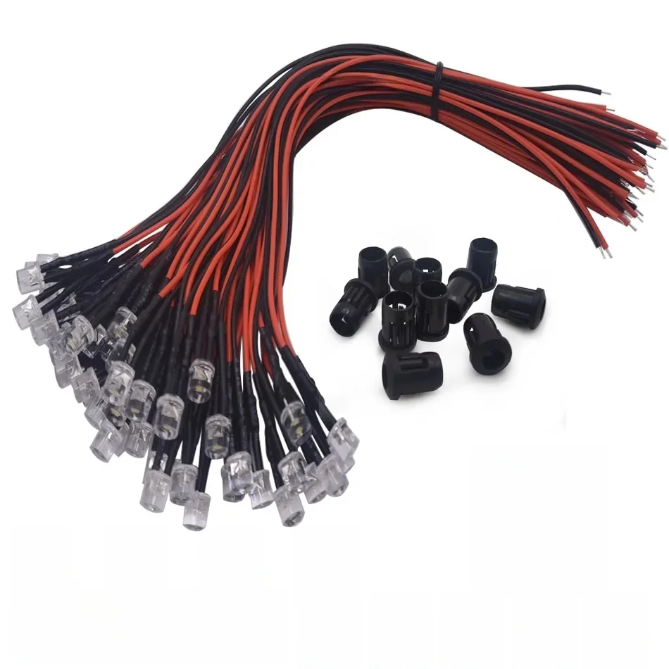10-50szt 3mm 5mm Flat Top LED Wstępnie okablowana przezroczysta dioda wodna DC12V Czerwony Zielony Niebieski Biały RGB UV z plastikowym uchwytem — zdjęcie 2