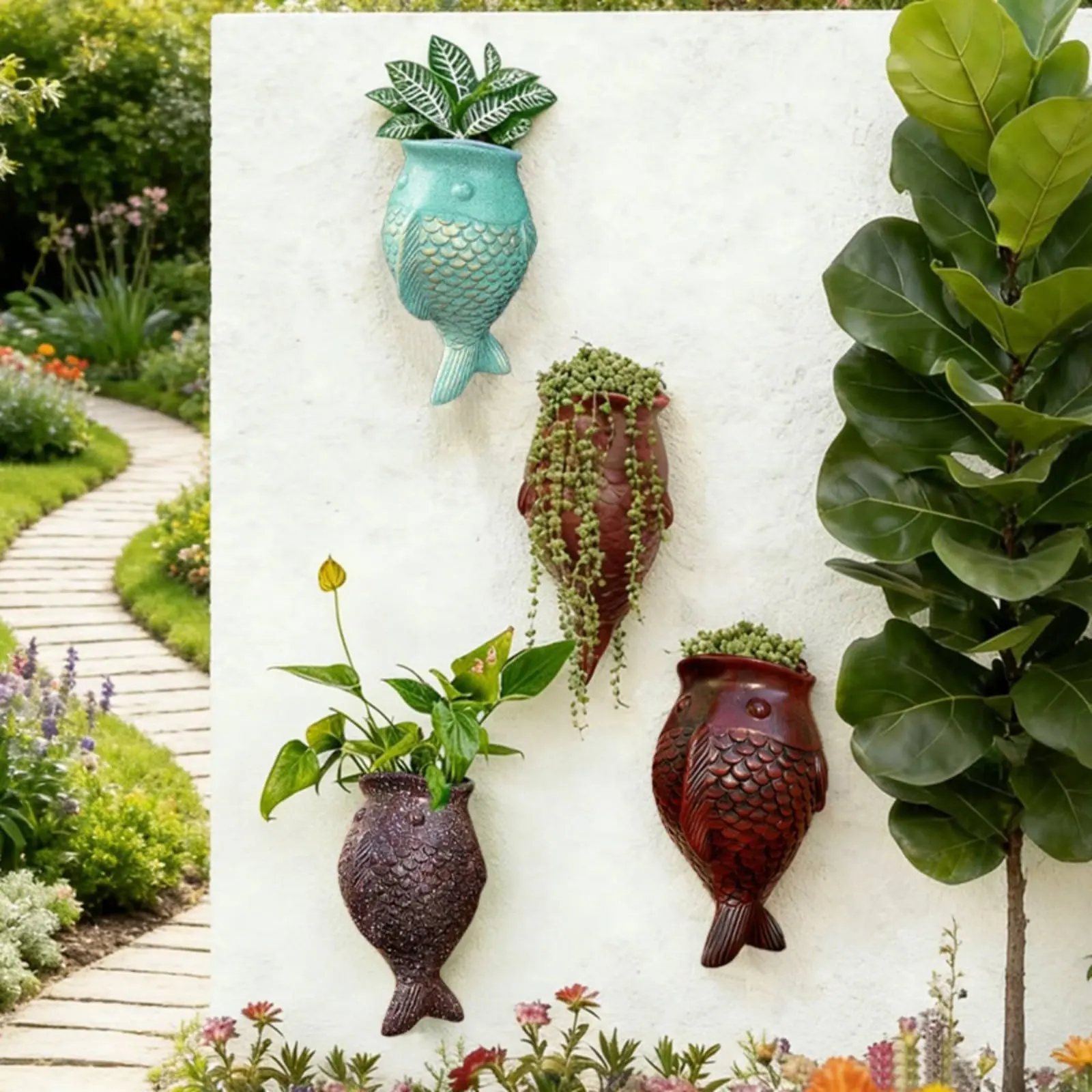 Wall Mounted Spotted Fish Shape Hanging Planter Green Plant Flower Pot For Pothos Trailing Plants Outdoor Courtyard Decor