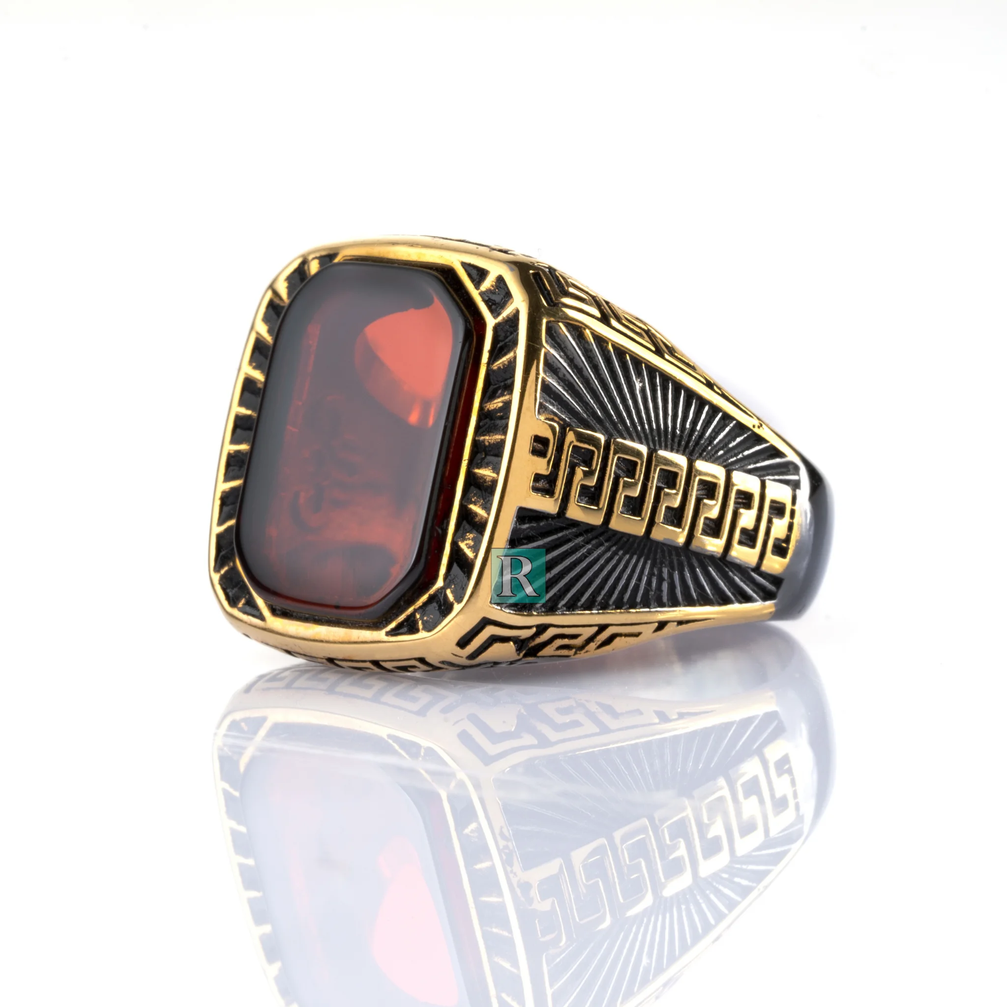 

Oval Red Agate Stone 925 Sterling Silver Rings for Men Geometric Design Gold and Black Rhodium Plated High Quality Gifts